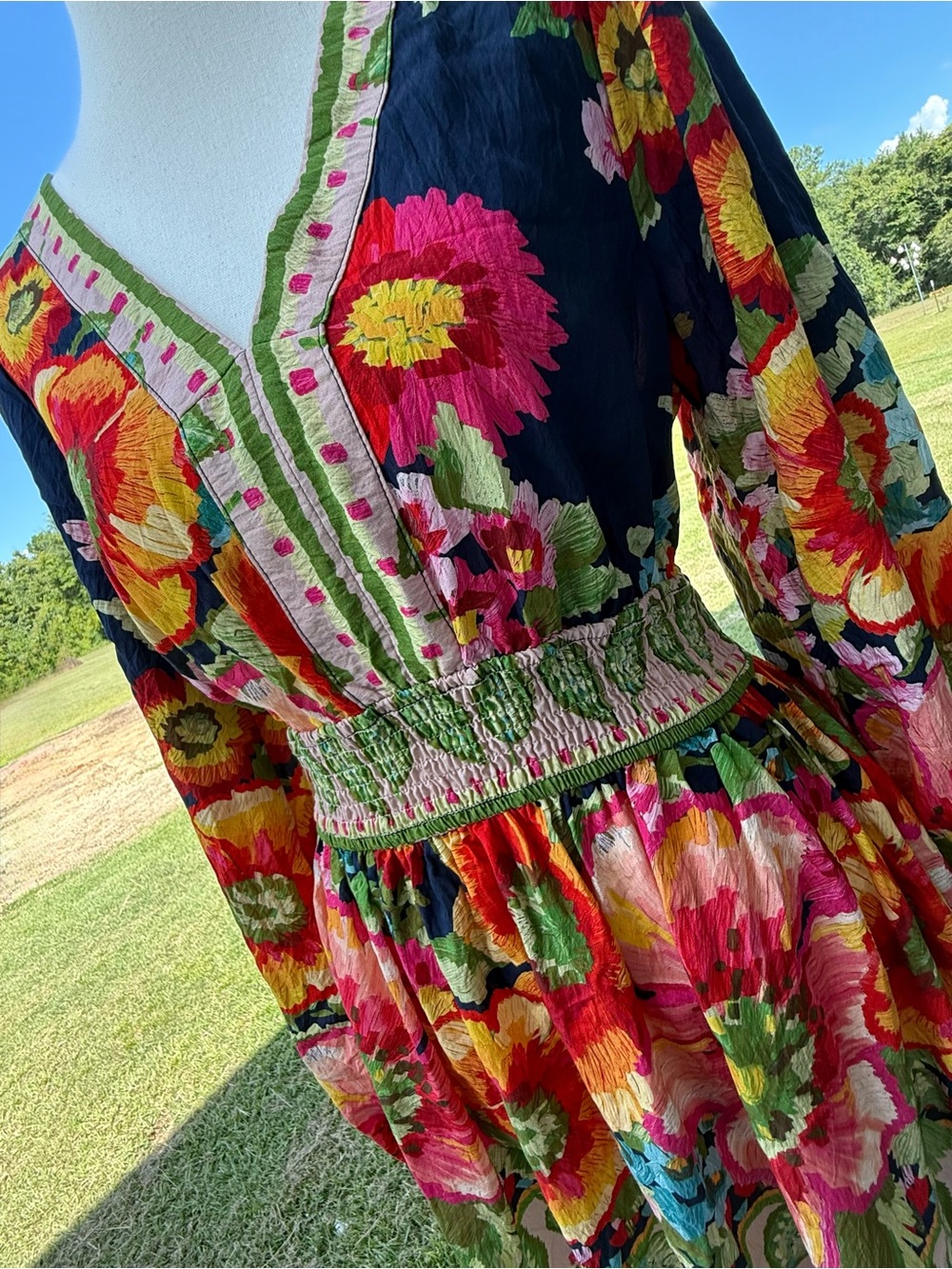 Oddi Smocked Waist Embroidered Floral Long-Sleeve Dress - Navy Multicolor